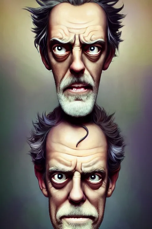 Image similar to Hugh Laurie as crazy genius Rick Sanchez from Rick and Morty, unibrow, white robe, big eyes, realistic portrait, symmetrical, highly detailed, digital painting, artstation, concept art, smooth, sharp focus, illustration, cinematic lighting, art by artgerm and greg rutkowski and alphonse mucha