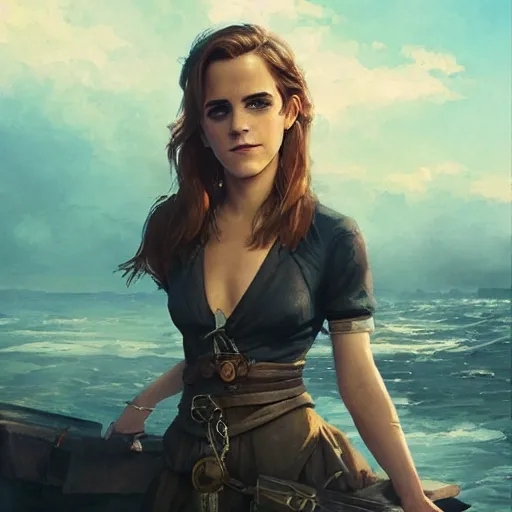 Image similar to sensual emma watson wearing as a captain, looking seductive, pirate ship in background, hyperrealistic, artgerm, greg rutkowski, artstation, highly detailed
