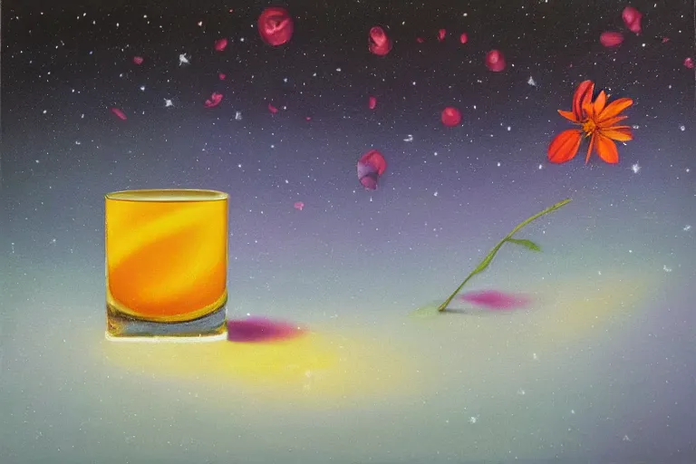 Image similar to hyperrealism oil painting, ice cube with flowers and fireflies, gradient mixed with nebula sky, in style of baroque