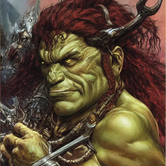 Prompt: a fantasy comic book style portrait painting of a half - orc male warrior, art by donato giancola and bayard wu and gustav moreau and wayne barlowe