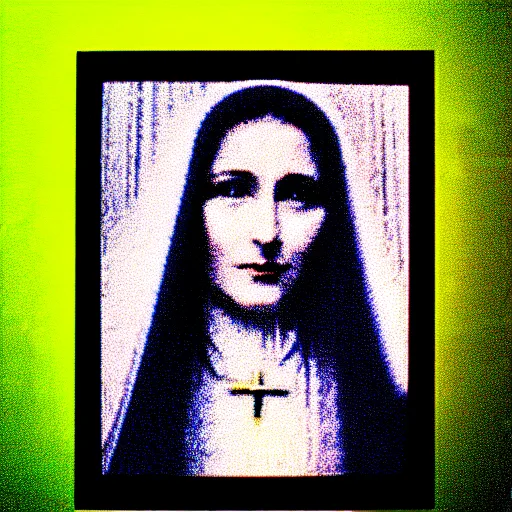 Image similar to vhs static overlay of marian apparition, vhs, 1 9 9 0, highly realistic, highly detailed, vhs noise static, black and white, vhs glitch