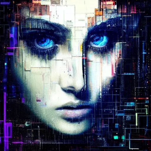 Prompt: hyperrealistic portrait of a young women with crystal eyes, by Guy Denning, by Johannes Itten, by Russ Mills, glitch art, hacking effects, cyberpunk, digital, color blocking!, oil on canvas, intricate detail, concept art, abstract, detailed lines, clean, polished, symmetrical eyes, symmetrical, octane, cgsociety, 8k, trending on artstation