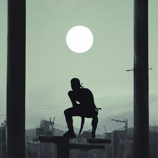 Prompt: silhouette of a ninja in squatting position, on top of a telephone pole, night time, huge full moon in background, art by Greg Rutkowski, cinematic lighting, sharp focus, octane render.