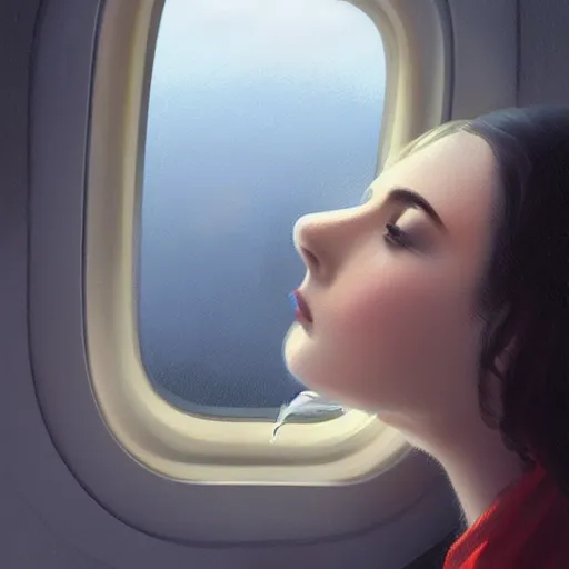 Prompt: a beautiful dark - haired girl smoking while looking out of an aeroplane window highly detailed, digital painting, artstation, concept art, sharp focus, illustration, art by wlop, mars ravelo and greg rutkowski hq