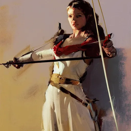 Prompt: portrait of woman wearing medieval holding a bow and arrow, detailed by greg manchess, craig mullins, bernie fuchs, walter everett