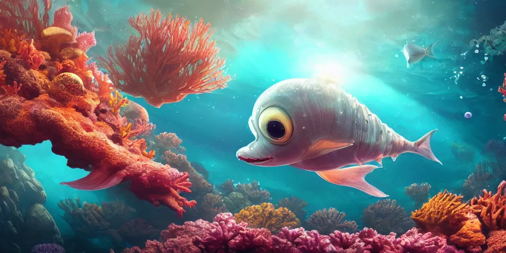 Image similar to photo of an extremely cute alien fish swimming an alien habitable underwater planet, coral reefs, dream-like atmosphere, water, plants, peaceful, serenity, calm ocean, tansparent water, reefs, fish, coral, inner peace, awareness, silence, nature, evolution, wide angle, super highly detailed, professional digital painting, artstation, concept art, smooth, sharp focus, no blur, no dof, extreme illustration, Unreal Engine 5, Photorealism, HD quality, 8k resolution, cinema 4d, 3D, beautiful, cinematic, art by artgerm and greg rutkowski and alphonse mucha and loish and WLOP