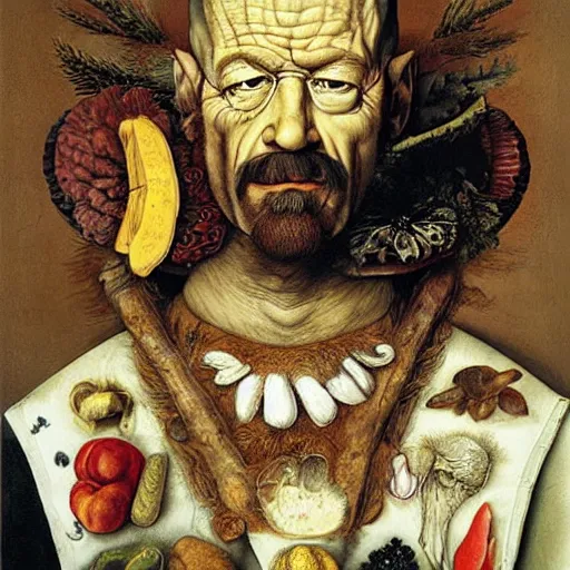 Prompt: giuseppe arcimboldo painting walter white