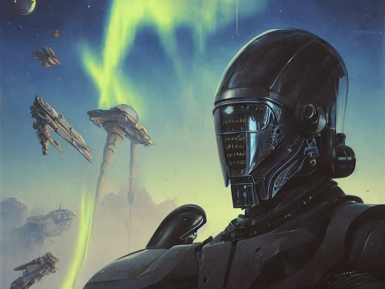 Image similar to a detailed profile painting of a bounty hunter in armour and visor, cinematic sci-fi poster. Spaceship high in the background. Flight suit, anatomy portrait symmetrical and science fiction theme with lightning, aurora lighting clouds and stars. Clean and minimal design by beksinski carl spitzweg and tuomas korpi. baroque elements. baroque element. intricate artwork by caravaggio. Oil painting. Trending on artstation. 8k