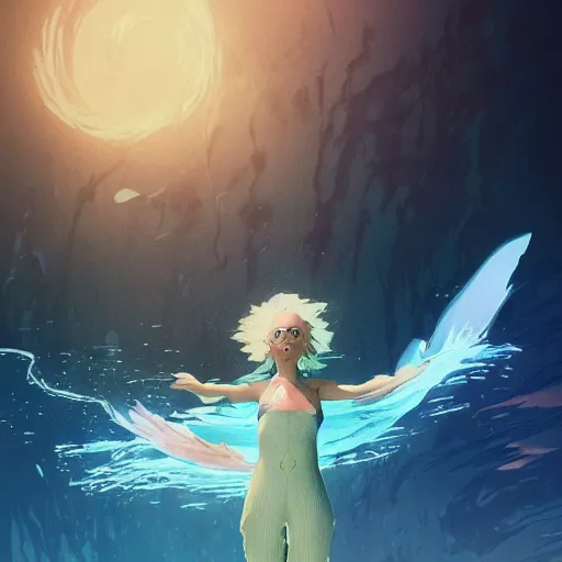 Image similar to doc brown as arielle the mermaid in water, studio ghibli, pixar and disney animation, sharp, anime key art by greg rutkowski, bloom, dramatic lighting