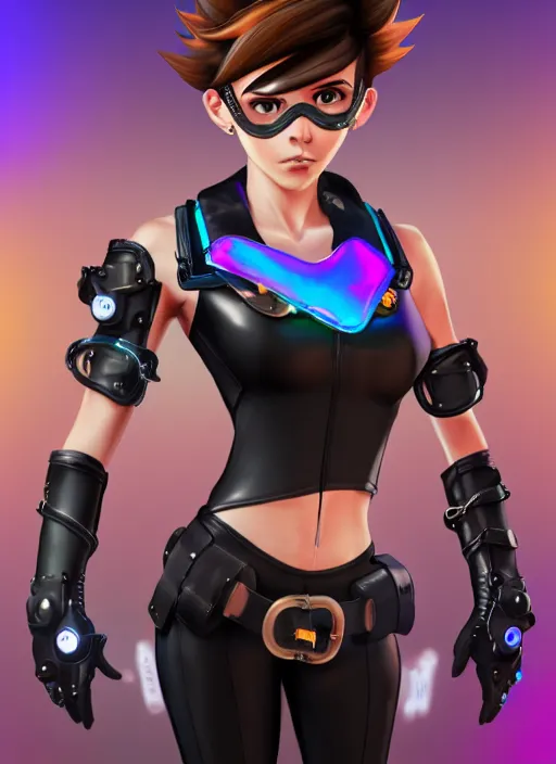 Image similar to full body digital artwork of tracer overwatch, wearing black iridescent rainbow latex tank top, 4 k, expressive happy smug expression, makeup, in style of mark arian, wearing detailed black leather collar, chains, black leather harness, leather cuffs around wrists, detailed face and eyes,