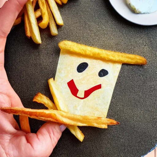 Image similar to photo of [ a french fry chip ] shaped like stephen fry as a hybrid intercross mix