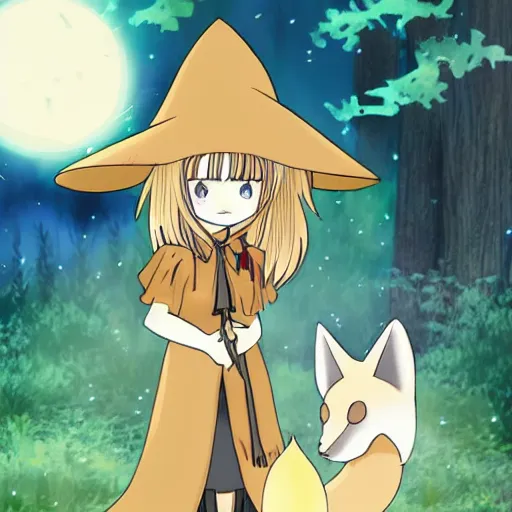 Prompt: a young witch with a wide brim witch hat in a forest clearing summoning a glowing magic fennec fox, anime style