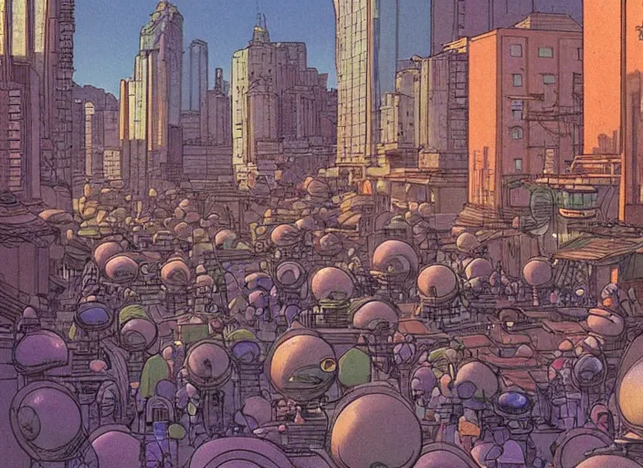 Image similar to close up view of a bustling city street on an alien planet by moebius, earth and pastel colors, dramatic perspective