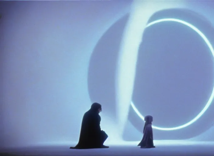 Image similar to Luke skywalker kneels before a strange star wars alien jedi oracle, a mystic with infinite knowledge of time. a strange ethereal foggy pink land. still from the 1983 film space odyssey directed by Stanley Kubrick, symmetrical framing, anamorphic, Photographed with Leica Summilux-M 24 mm lens, kodak stock, ISO 100, f/8, Portra 400