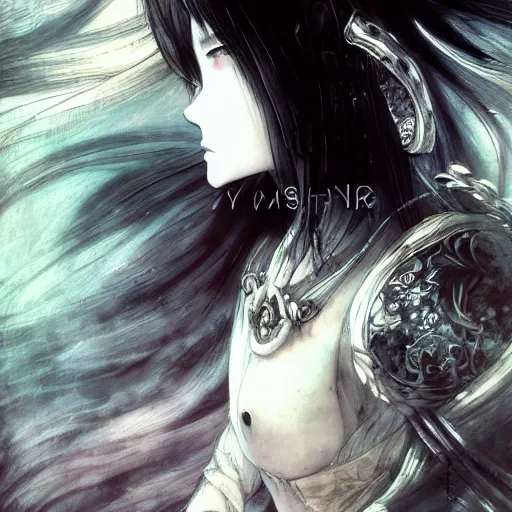 Image similar to yoshitaka amano blurred and dreamy illustration of an anime girl with black eyes, wavy white hair fluttering in the wind wearing elden ring armor with engraving, abstract black and white patterns on the background, noisy film grain effect, highly detailed, renaissance oil painting, weird portrait angle, blurred lost edges, three quarter view