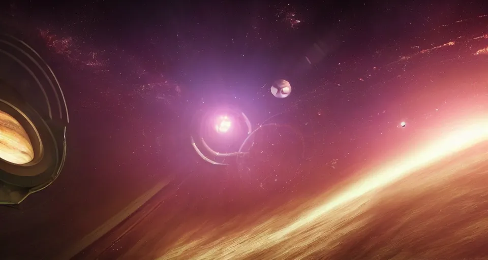 Prompt: 2 0 2 2 sfx masterpiece. weta studios. cgsociety. trending on artstation. golden mean. view of the planet down below. space station pov. screenshot from the new sci - fi metroid film directed by denis villeneuve. 4 k. cinema. close orbital of a new alien world nested within an asteroid belt nebula. purple and green clouds lightning aurora