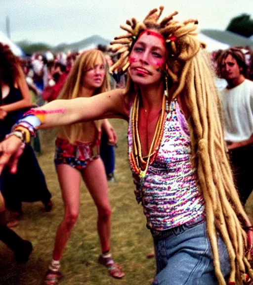 Image similar to portrait of a stunningly beautiful hippie woman with blonde dreadlocks dancing at a music festival, by bruce davidson