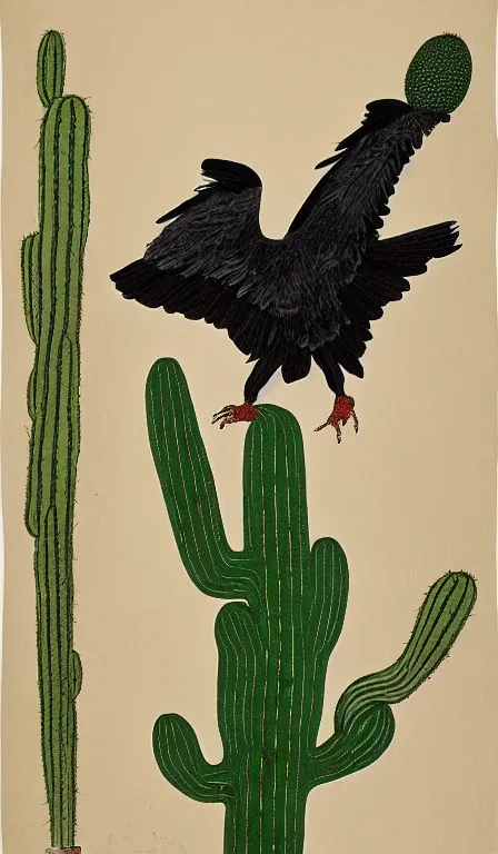 Prompt: wide shot of turkey vulture sitting on cactus by Shen Quan, hanging scroll, ink and colours on silk