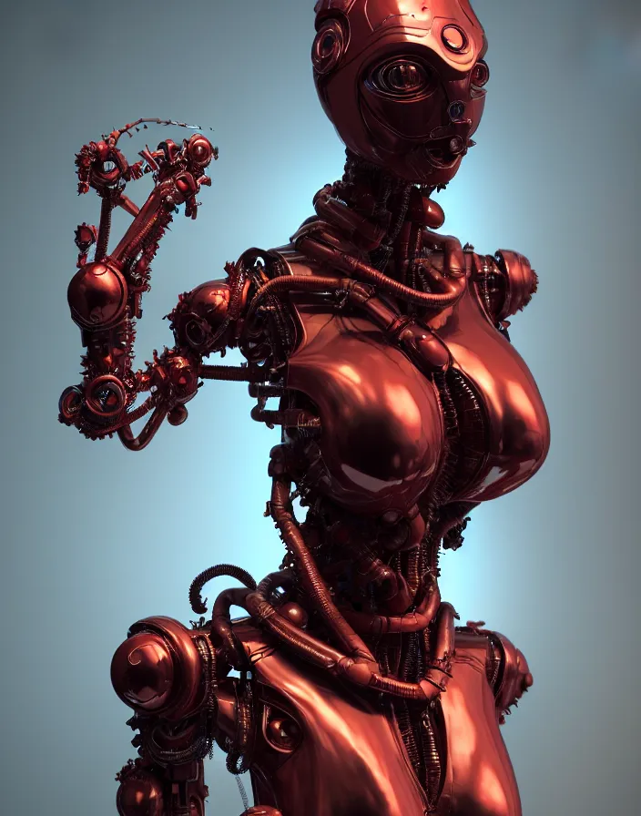 Prompt: portrait, marble statue, super hero pose, red biomechanical dress, inflateble shapes, wearing epic bionic cyborg implants, masterpiece, intricate, biopunk futuristic wardrobe, highly detailed, art by akira, mike mignola, artstation, concept art, background galaxy, cyberpunk, octane render