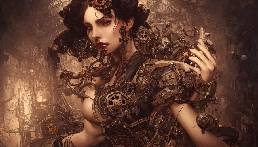 Image similar to ultra wide picture, steampunk, masterpiece, pinup, mcfarlane, fibonacci, sweat drops, insane, horror, intricate, highly detailed, digital painting, artstation, concept art, smooth, sharp focus, illustration, unreal engine 5, 8 k, art by artgerm and greg rutkowski and alphonse mucha