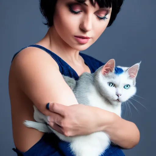 Image similar to A beautiful woman with blue short hair with bangs holding a grey and white cat, full body portrait, highly detailed, excellent composition, dramatic lighting, realistic 4k