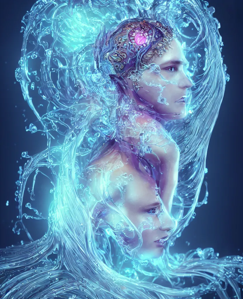 Image similar to close-up macro portrait of the face of a beautiful princess, epic angle and pose, symmetrical artwork, 3d with depth of field, blurred background, cybernetic jellyfish female face skull phoenix bird, translucent, nautilus, energy flows of water and fire. a highly detailed epic cinematic concept art CG render. made in Maya, Blender and Photoshop, octane render, excellent composition, cinematic dystopian brutalist atmosphere, dynamic dramatic cinematic lighting, aesthetic, very inspirational, arthouse. y Greg Rutkowski, Ilya Kuvshinov, WLOP, Stanley Artgerm Lau, Ruan Jia and Fenghua Zhong