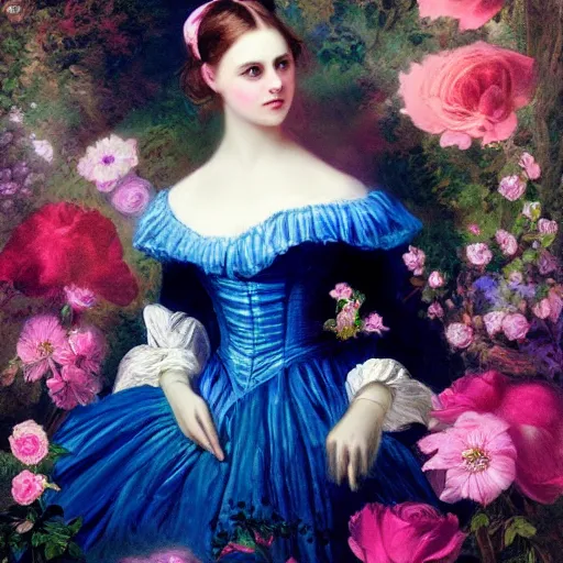 Prompt: Alice in Wonderland,Diamonds Blaze,Rose twining,out of time and space,dreamy, eternity, romantic,highly detailed,in the style of Franz Xaver Winterhalter, night lighting