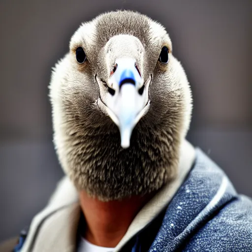 Prompt: Person with a goose head, 4k realistic photo