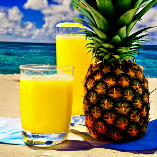 Prompt: pineapple juice chilling on the beach lying in a sun bed, realistic, hdr, clear image, hdd, dynamic lighting, rtx on,