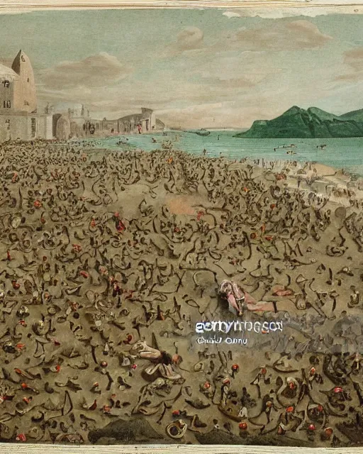 Image similar to the gigantic clothed body of gulliver, a young man from the early 1 7 th century, lies unconscious on a lilliputian beach, surrounded by thousands of tiny lilliputians wearing strange clothes. gulliver is dressed in early 1 7 th century male clothing designed in the style of sandy powell. hyperreal and cinematic, photorealistic, gulliver ’ s travels