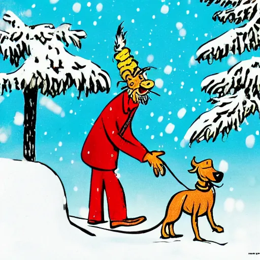 Prompt: a happy man petting a happy dog in the snow, illustration by dr. seuss