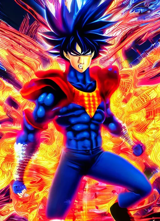 Image similar to Cyber Ultra Instict Goku Portrait, Smooth Digital Artwork, Fractal Chaos Background, Rendered in Maya, Hyperdetailed, Cinematic Shot, in style of Kentaro Miura