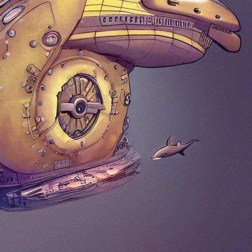 Image similar to cross-section of a beautiful dolphin-shape clockwork submarine is surfacing, concept art, artstation, by Ghibli, 8k