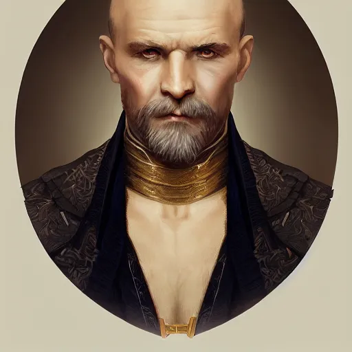 Image similar to a detailed matte head - on portrait painting of an middle - aged nobleman with golden eyes and short well kept hair, by charlie bowater, lise deharme, wlop, tending on arstation, dungeons and dragon, dnd, pathfinder, fanart, oil on canvas