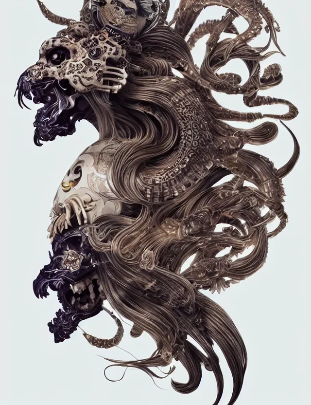 Image similar to 3 d goddess tiger skull half - turn portrait with long hair with ram skull. beautiful intricately detailed japanese crow kitsune mask and clasical japanese kimono. betta fish, jellyfish phoenix, bio luminescent, plasma, ice, water, wind, creature, artwork by tooth wu and wlop and beeple and greg rutkowski