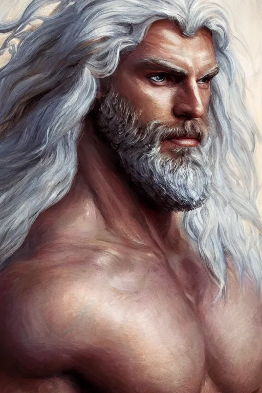 Prompt: painted portrait of rugged zeus, god of thunder, greek god, white hair, masculine, powerful, handsome, luxurious, upper body, white robe, muscular, hairy torso, fantasy, intricate, elegant, highly detailed, digital painting, artstation, concept art, smooth, sharp focus, illustration, art by gaston bussiere and artgerm