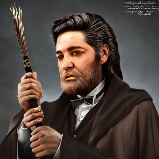 Image similar to dumbledore with elvis presley hair, trending on artstation, hyperrealistic, ultra detailed