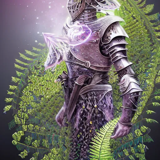 Image similar to a male knight, stern face, clear eyes, shining armour made of steel and flowers, and fractal flowery hair in a fractal garden, glowing delicate flower, berries and ferns that grow in a dark fantasy forest, full frame,