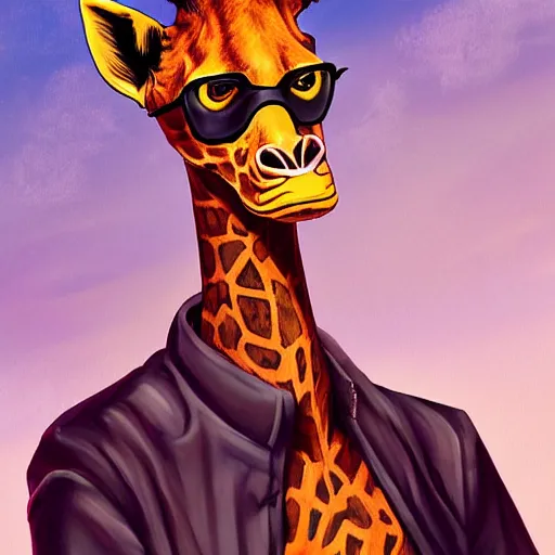 Image similar to Beautiful portrait digital painting, oil painting, anthro anthropomorphic giraffe androgynous , at a lake anarchist anarcho-punk Punk Punk outfit. furaffinity, artstation