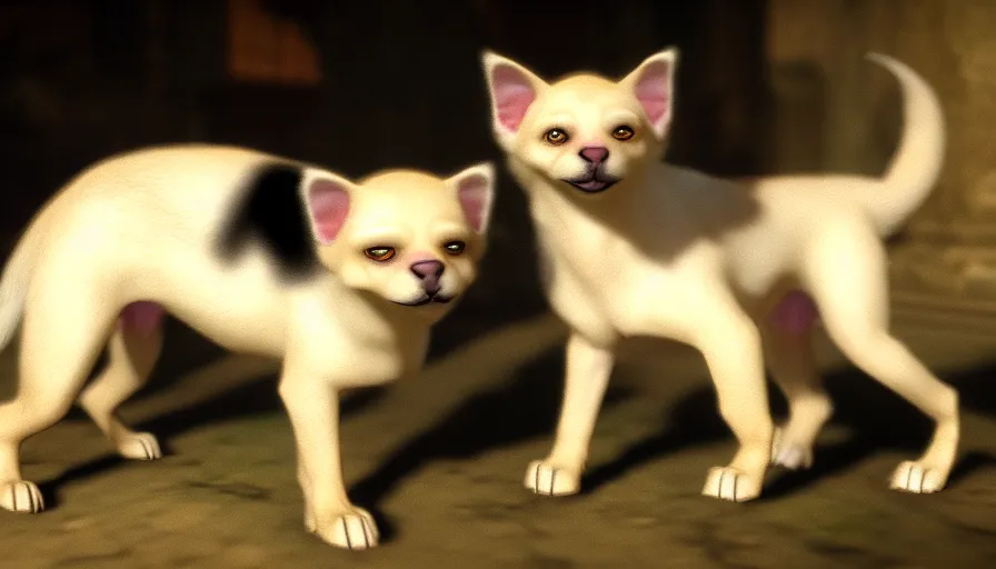 Prompt: a tropical dog dog kitten in the style of francisco goya, 4 k resolution, in skyrim videogame, bethesda skyrim npc, unreal engine render