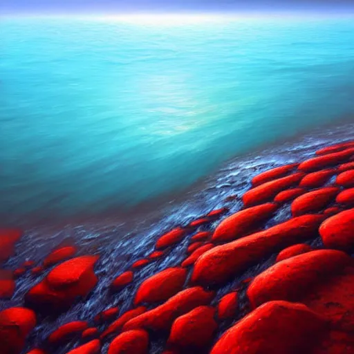 Image similar to gorgeous detailed oil painting of a red sea covered in big blue rocks, the further away the mistier it gets, dark aesthetic, atmospheric, concept art, octane render, unreal engine 5, trending on artstation, high quality, path traced, surreal, trending on deviantart, moody, highly detailed, masterpiece, award winning, 4 k hdr, digital art