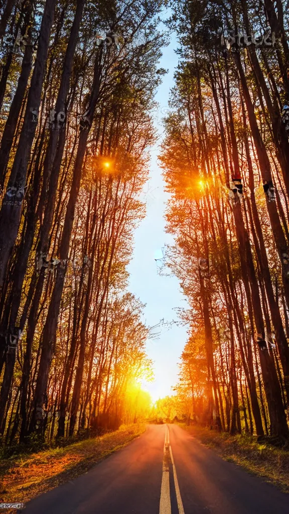 Prompt: beautiful sunset with a road of aligned trees, epic stock photo