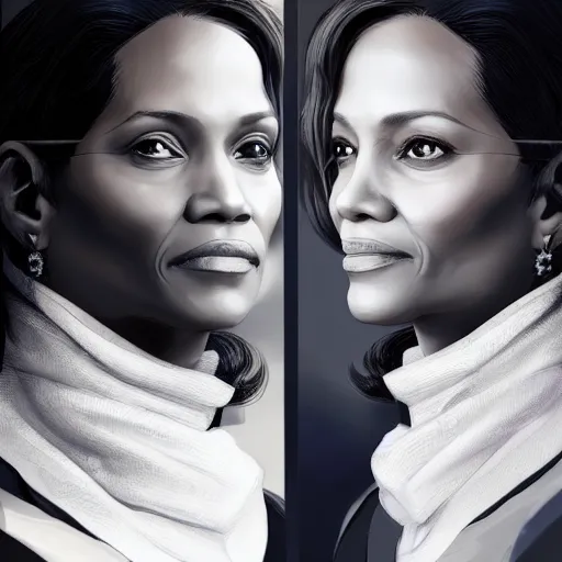 Image similar to portrait of maci holloway, first woman elected as president in usa, cold but beautiful, about 3 5 years old, highly detailed, mix of halle berry and julia roberts gong li,, artstation hd, deviantart, by artgem, greg rutkowski