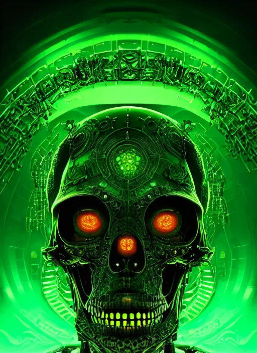 Prompt: extreme close up, portrait of a cyber skeleton, green glowing runes, exuding green energy runes, intricate, elegant, eerie lights, grim dark, ancient, gloomy, atmospheric, highly detailed, digital painting, artstation, concept art, smooth, sharp focus, illustration, art by wlop, mars ravelo and greg rutkowski