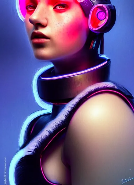 Image similar to photorealistic an european female humanoid with heavy freckle cheeks, cyber neon lightings, futurism, cyberpunk high fashion, elegant profile pose, intricate details, crispy quality, digital photography, trending in artstation, trending in pinterest, no watermark signature, cinematic, 4 k ultra hd, art by artgerm, art by greg rutkowski, art by pascal blanche