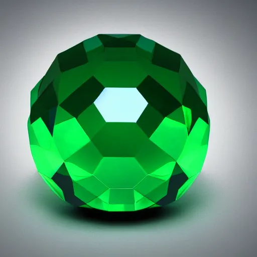 Prompt: high quality cycles render of a glowing green polygonal emerald crystal ball in the dark