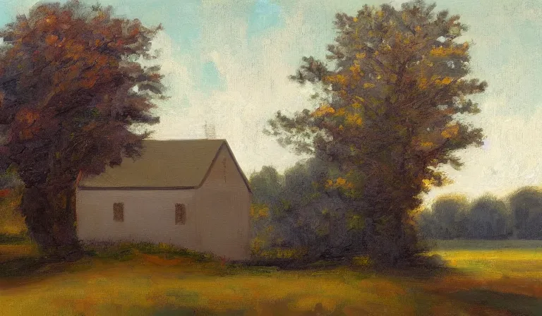 Image similar to A serene landscape with a singular building in the style of painterly.