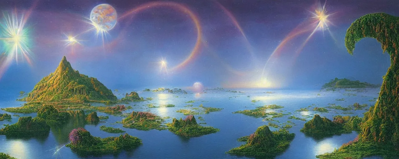 Prompt: a visionary art painting by gilbert williams of a sparkling floating island realm