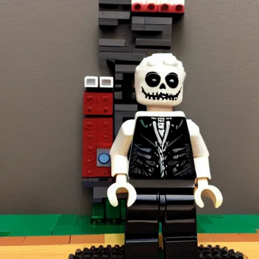 Prompt: jack skeleington built out of lego