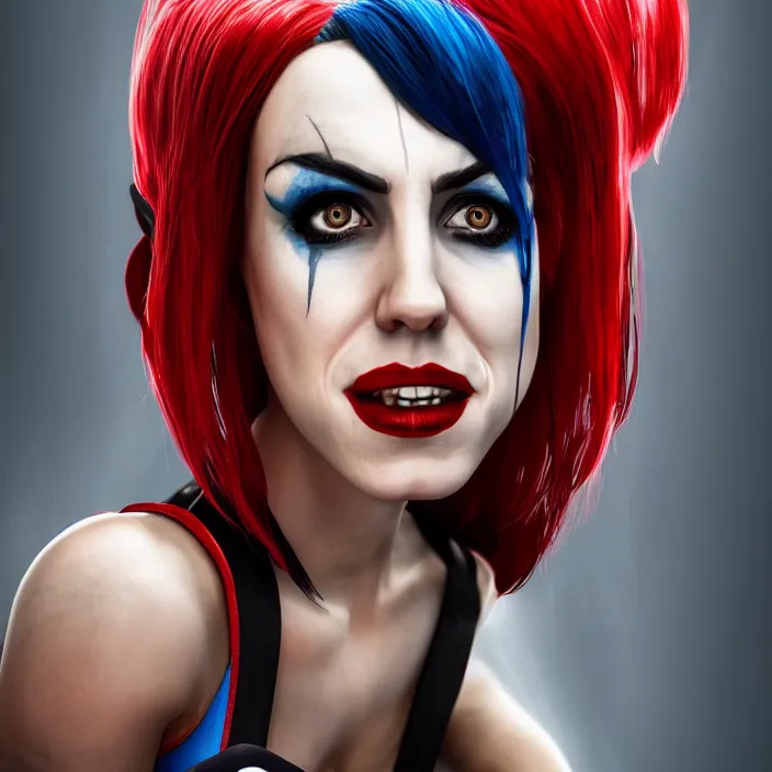 Prompt: portrait of Melanie C as a harley quinn. mark arian, artgerm. octane render, trending on artstation, symmetrical artwork. cinematic, octane render, 8k